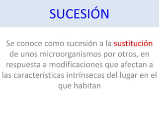 SUCESIÓN
Se conoce como sucesión a la sustitución
de unos microorganismos por otros, en
respuesta a modificaciones que afectan a
las características intrínsecas del lugar en el
que habitan
 