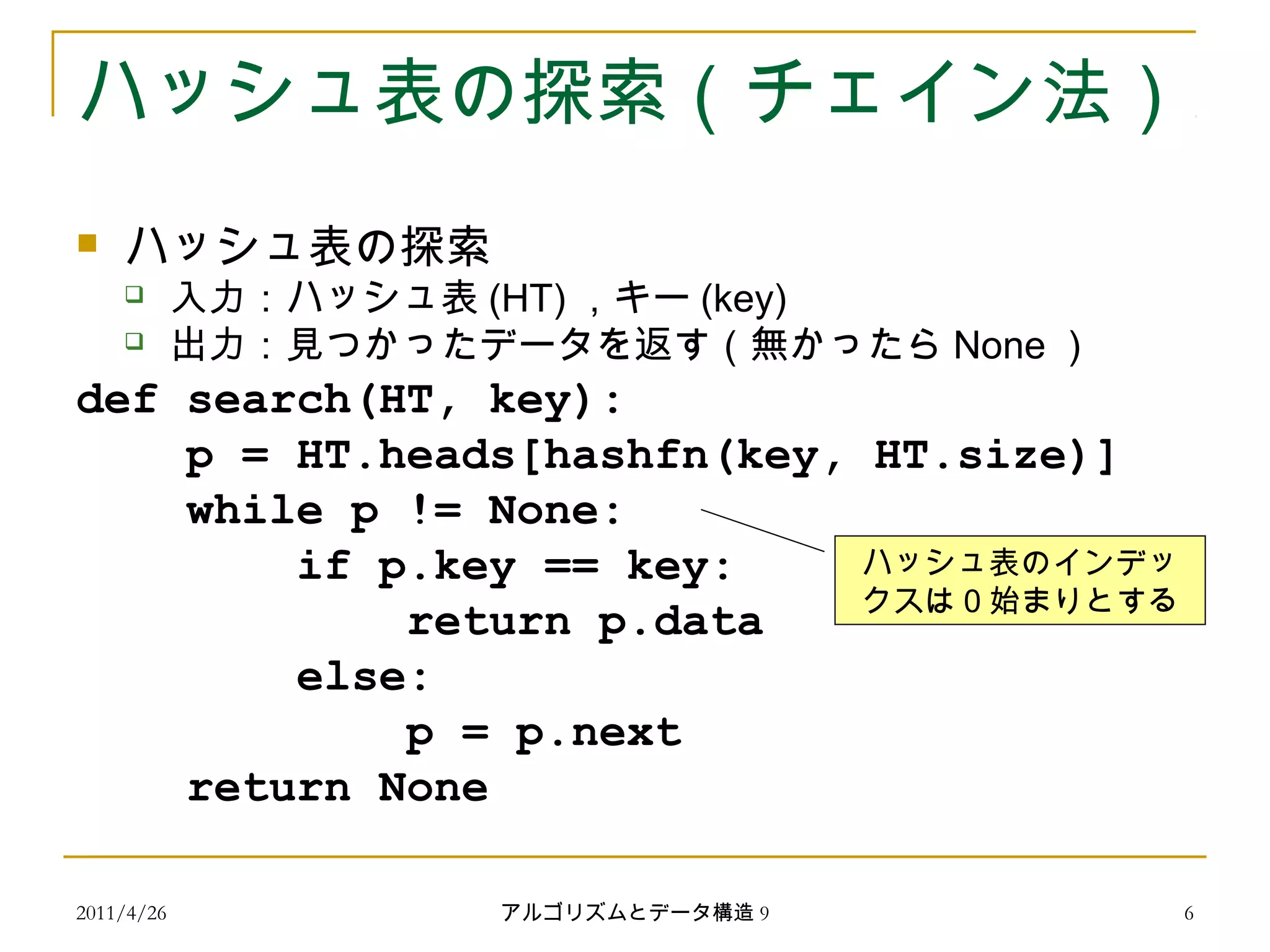 2011/4/26 アルゴリズムとデータ構造 9 6
ハッシュ表の探索（チェイン法）
 ハッシュ表の探索
 入力：ハッシュ表 (HT) ，キー (key)
 出力：見つかったデータを返す（無かったら None ）
def search(HT, key):
p = HT.heads[hashfn(key, HT.size)]
while p != None:
if p.key == key:
return p.data
else:
p = p.next
return None
ハッシュ表のインデッ
クスは 0 始まりとする
 