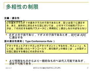 2011/4/7 オブジェクト指向プログラミング入門 9 27
多相性の制限
 B が A の子孫であり， Y が X の子孫であるとき， B[Y] は A[X]
に適合する
 より特殊なものからより一般的なものへは代入可能であるが，
逆は不可能である．
U の基本クラスが T の基本クラスの子孫であるとき，型 U は型 T に適合す
る．また，総称的に派生された型においては， U のすべての総称パラメー
タは， T の対応する総称パラメータに（再帰的に）適合しなければならない
．
定義：適合性
（ conformance ）
アタッチ先 x とアタッチ元 y のアタッチメント（すなわち，代入 x := y ，も
しくは，仮引数 x のルーチンコールで，実引数が y の場合）は， y の型が x
の型に適合する場合にのみ許される．
型の適合性規則（ Type Conformance Rule ）
 
