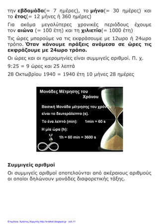 την εβδομάδα(= 7 ημέρες), το μήνα(= 30 ημέρες) και
το έτος(= 12 μήνες ή 360 ημέρες)
Για ακόμα μεγαλύτερες χρονικές περιόδους έχουμε
τον αιώνα (= 100 έτη) και τη χιλιετία(= 1000 έτη)
Τις ώρες μπορούμε να τις εκφράσουμε με 12ωρο ή 24ωρο
τρόπο. Όταν κάνουμε πράξεις ανάμεσα σε ώρες τις
εκφράζουμε με 24ωρο τρόπο.
Οι ώρες και οι ημερομηνίες είναι συμμιγείς αριθμοί. Π. χ.
9:25 = 9 ώρες και 25 λεπτά
28 Οκτωβρίου 1940 = 1940 έτη 10 μήνες 28 ημέρες
Συμμιγείς αριθμοί
Οι συμμιγείς αριθμοί αποτελούνται από ακέραιους αριθμούς
οι οποίοι δηλώνουν μονάδες διαφορετικής τάξης.
Επιμέλεια: Χρήστος Χαρμπής http://e-taksh.blogspot.gr σελ.11
 