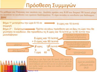 Πρόσθεση Συμμιγών
Βήμα 1ο μετατρέπω την ώρα 8:10 σε
συμμιγή
8 ώρες και 10 λεπτά
Βήμα 2ο : Σκέφτομαι Πρέπει να κάνω πρόσθεση για να βρω τη ώρα που θα
χτυπήσει το κουδούνι. Θα προσθέσω τις 8 ώρες και 10 λεπτά με τα 90 λεπτά που
μεσολάβησαν
8 ώρες και 10 λεπτά
+ 0 ώρες και 90 λεπτά
Προσέχω οι ώρες να είναι
κάτω από τις ώρες και τα
λεπτά κάτω από τα λεπτά
Κάνω την πράξη της πρόσθεσης με
τον τρόπο που ξέρω , πρώτα τα
λεπτά και μετά τις ώρες
90+10 =100
100 λεπτά
8+0 = 8
8 ώρες
Ξέρω ότι η μια ώρα έχει 60 λεπτά. Εδώ όμως το
αποτέλεσμα είναι πάνω από 60. Άρα θα αφαιρέσω 60
λεπτά (1ώρα) από τα 100 και θα τα βάλω στη στήλη
των ωρών. Οπότε στη θέση των λεπτών θα μείνουν:
100-60=40 λεπτά
8+1 ώρα = 9 409
601 ώρα
Άρα το κουδούνι
χτύπησε στις
9:40
Επιμέλεια: Χρήστος Χαρμπής http://e-taksh.blogspot.gr σελ.32
 