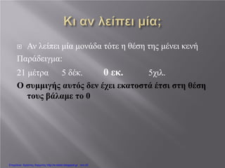  Αν λείπει μία μονάδα τότε η θέση της μένει κενή
Παράδειγμα:
21 μέτρα 5 δέκ. 0 εκ. 5χιλ.
Ο συμμιγής αυτός δεν έχει εκατοστά έτσι στη θέση
τους βάλαμε το 0
Επιμέλεια: Χρήστος Χαρμπής http://e-taksh.blogspot.gr σελ.42
 