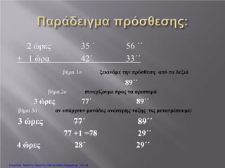 2 ώρες 35 ΄ 56 ΄΄
+ 1 ώρα 42΄ 33΄΄
βήμα 1ο ξεκινάμε την πρόσθεση από τα δεξιά
89΄΄
βήμα 2ο συνεχίζουμε προς τα αριστερά
3 ώρες 77΄ 89΄΄
βήμα 3ο αν υπάρχουν μονάδες ανώτερης τάξης τις μετατρέπουμε:
3 ώρες 77΄ 89΄΄
77 +1 =78 29΄΄
4 ώρες 28΄ 29΄΄
Επιμέλεια: Χρήστος Χαρμπής http://e-taksh.blogspot.gr σελ.44
 