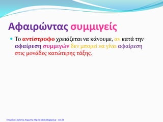 Αφαιρώντας συμμιγείς
 Το αντίστροφο χρειάζεται να κάνουμε, αν κατά την
αφαίρεση συμμιγών δεν μπορεί να γίνει αφαίρεση
στις μονάδες κατώτερης τάξης.
Επιμέλεια: Χρήστος Χαρμπής http://e-taksh.blogspot.gr σελ.54
 