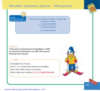 297
ÌïíÜäåò ìÝôñçóçò ÷ñüíïõ - ÌåôáôñïðÝò
óõíÝ÷åéá
áðÜíôçóçò Üóêçóçò ä
ôåôñ. åñãáóéþí, ä óåë. 19
¢óêçóç ä
H Hñþ Ýöõãå ãéá äéáêïðÝò óôéò 22 Äåêåìâñßïõ ôï 2005
êáé ãýñéóå óôéò 8 Éáíïõáñßïõ ôïõ 2006. Ðüóï ÷ñïíéêü
äéÜóôçìá Ýêáíå äéáêïðÝò;
ëýóç
Ï ÄåêÝìâñéïò Ý÷åé 31 ìÝñåò.
¢ñá 31 – 22 = 9 ìÝñåò Ýêáíå äéáêïðÝò ôïí ÄåêÝìâñéï.
Åðßóçò Ýêáíå Üëëåò 8 ìÝñåò ôïí ÉáíïõÜñéï.
Ïðüôå ç Çñþ Ýêáíå óõíïëéêÜ: 9 + 8 = 17 ìÝñåò äéáêïðÝò.
• ÊáíÝíá áðü ôá ñïëüãéá äåí äåß÷íåé ôç óùóôÞ þñá.
11 þñåò êáé 10 ëåðôÜ
+ 0 þñåò êáé 30 ëåðôÜ
11 þñåò êáé 40 ëåðôÜ
(Þ 12 ðáñÜ 20 ëåðôÜ)
Επιμέλεια: Χρήστος Χαρμπής http://e-taksh.blogspot.gr σελ.81
 