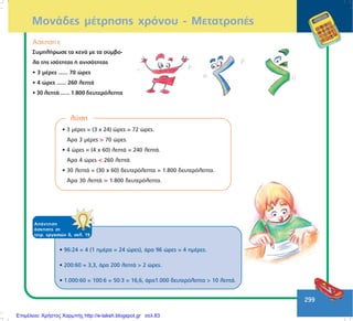 299
ÌïíÜäåò ìÝôñçóçò ÷ñüíïõ - ÌåôáôñïðÝò
¢óêçóç å
ÓõìðëÞñùóå ôá êåíÜ ìå ôá óýìâï-
ëá ôçò éóüôçôáò Þ áíéóüôçôáò
• 3 ìÝñåò ...... 70 þñåò
• 4 þñåò ...... 260 ëåðôÜ
• 30 ëåðôÜ ...... 1.800 äåõôåñüëåðôá
• 96:24 = 4 (1 çìÝñá = 24 þñåò), Üñá 96 þñåò = 4 çìÝñåò.
• 200:60 = 3,3, Üñá 200 ëåðôÜ > 2 þñåò.
• 1.000:60 = 100:6 = 50:3 = 16,6, Üñá1.000 äåõôåñüëåðôá > 10 ëåðôÜ.
ÁðÜíôçóç
Üóêçóçò óô
ôåôñ. åñãáóéþí ä, óåë. 19
ëýóç
• 3 ìÝñåò = (3 ÷ 24) þñåò = 72 þñåò.
¢ñá 3 ìÝñåò > 70 þñåò.
• 4 þñåò = (4 ÷ 60) ëåðôÜ = 240 ëåðôÜ.
¢ñá 4 þñåò < 260 ëåðôÜ.
• 30 ëåðôÜ = (30 ÷ 60) äåõôåñüëåðôá = 1.800 äåõôåñüëåðôá.
¢ñá 30 ëåðôÜ = 1.800 äåõôåñüëåðôá.
Επιμέλεια: Χρήστος Χαρμπής http://e-taksh.blogspot.gr σελ.83
 