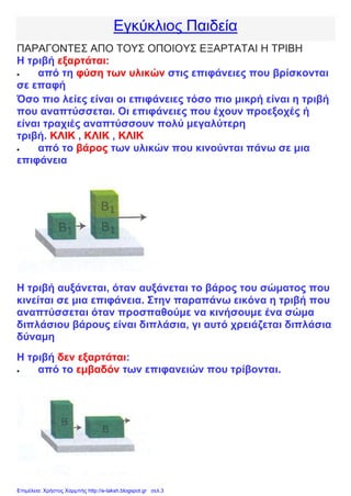Εγκύκλιος Παιδεία
ΠΑΡΑΓΟΝΤΕΣ ΑΠΟ ΤΟΥΣ ΟΠΟΙΟΥΣ ΕΞΑΡΤΑΤΑΙ Η ΤΡΙΒΗ
Η τριβή εξαρτάται:
 από τη φύση των υλικών στις επιφάνειες που βρίσκονται
σε επαφή
Όσο πιο λείες είναι οι επιφάνειες τόσο πιο μικρή είναι η τριβή
που αναπτύσσεται. Οι επιφάνειες που έχουν προεξοχές ή
είναι τραχιές αναπτύσσουν πολύ μεγαλύτερη
τριβή. ΚΛΙΚ , ΚΛΙΚ , ΚΛΙΚ
 από το βάρος των υλικών που κινούνται πάνω σε μια
επιφάνεια
Η τριβή αυξάνεται, όταν αυξάνεται το βάρος του σώματος που
κινείται σε μια επιφάνεια. Στην παραπάνω εικόνα η τριβή που
αναπτύσσεται όταν προσπαθούμε να κινήσουμε ένα σώμα
διπλάσιου βάρους είναι διπλάσια, γι αυτό χρειάζεται διπλάσια
δύναμη
Η τριβή δεν εξαρτάται:
 από το εμβαδόν των επιφανειών που τρίβονται.
Επιμέλεια: Χρήστος Χαρμπής http://e-taksh.blogspot.gr σελ.3
 