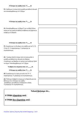 Η δύναμη της τριβής είναι: Τ=____Ν.
Γ3. Γυρίζουμε το σώμα στην μεγάλη μεταλλική πλευρά
και επαναλαμβάνουμε το Γ1 βήμα.
Η δύναμη της τριβής είναι: Τ=____Ν.
Γ4. Επαναλαμβάνουμε το βήμα Γ1 με το άλλο ξύλινο
σώμα με την μικρή μεταλλική επιφάνεια να έρχεται σε
επαφή με το έδρανο.
Η δύναμη της τριβής είναι: Τ=____Ν.
Γ5. Συγκρίνουμε τις δυνάμεις της τριβής για τα Γ1, Γ2,
Γ3 και Γ4. Τι παρατηρούμε; Τι μπορούμε να
συμπεράνουμε;
Δ1. Γυρνάμε ξανά το σώμα ώστε να ακουμπάει η
μεγάλη μεταλλική του πλευρά στο έδρανο.
«Γεμίζουμε» με βαρίδια τις τρύπες και ζυγίζουμε ξανά
το σώμα. Επαναλαμβάνουμε το Γ1 βήμα.
Το βάρος του σώματος είναι: w=_____N.
Η δύναμη της τριβής είναι: Τ=____Ν.
Δ2. Συγκρίνουμε τις τιμές με αυτές του Γ3. Τι
παρατηρούμε; Τι μπορούμε να συμπεράνουμε;
Δ3. Πιέζουμε ελαφρά το σώμα με το δάχτυλό μας και
βλέπουμε ότι η δύναμη της τριβής:
[αυξήθηκε], [μειώθηκε] ή [παρέμεινε η ίδια];
Τι μπορούμε να συμπεράνουμε;
Τελικά βρήκαμε ότι…
Η ΤΡΙΒΗ εξαρτάται από:
Η ΤΡΙΒΗ δεν εξαρτάται από:
Επιμέλεια: Χρήστος Χαρμπής http://e-taksh.blogspot.gr σελ.6
 