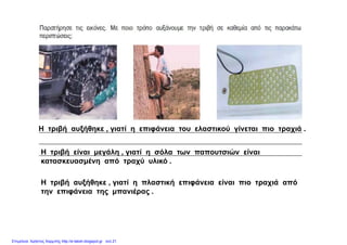 Η τριβή αυξήθηκε , γιατί η επιφάνεια του ελαστικού γίνεται πιο τραχιά .
Η βή ί άλ ί όλ ώ ίΗ τριβή είναι μεγάλη , γιατί η σόλα των παπουτσιών είναι
κατασκευασμένη από τραχύ υλικό .
Η τριβή αυξήθηκε , γιατί η πλαστική επιφάνεια είναι πιο τραχιά από
την επιφάνεια της μπανιέρας .
Επιμέλεια: Χρήστος Χαρμπής http://e-taksh.blogspot.gr σελ.21
 