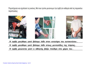 Η τριβή μειώθηκε γιατί βάλαμε λάδι στον κινητήρα του αυτοκινήτου .
Η τριβή μειώθηκε γιατί βάλαμε λάδι στους μεντεσέδες της πόρτας .
Η τριβή μειώνεται γιατί ο αθλητής βάζει πούδρα στα χέρια του .
Επιμέλεια: Χρήστος Χαρμπής http://e-taksh.blogspot.gr σελ.23
 