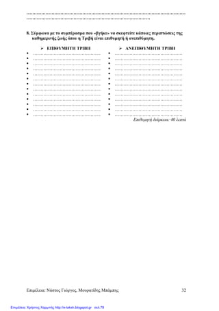 Επιµέλεια: Νάστος Γιώργος, Μουρατίδης Μπάµπης 32
………………………………………………………………………………………………
…………………………………………………………………………
8. Σύµφωνα µε το συµπέρασµα που «βγήκε» να σκεφτείτε κάποιες περιπτώσεις της
καθηµερινής ζωής όπου η Τριβή είναι επιθυµητή ή ανεπιθύµητη.
ΕΠΙΘΥΜΗΤΗ ΤΡΙΒΗ ΑΝΕΠΙΘΥΜΗΤΗ ΤΡΙΒΗ
………………………………………. ……………………………………….
………………………………………. ……………………………………….
………………………………………. ……………………………………….
………………………………………. ……………………………………….
………………………………………. ……………………………………….
………………………………………. ……………………………………….
………………………………………. ……………………………………….
………………………………………. ……………………………………….
………………………………………. ……………………………………….
………………………………………. ……………………………………….
………………………………………. ……………………………………….
………………………………………. ……………………………………….
………………………………………. ……………………………………….
Επιθυµητή διάρκεια: 40 λεπτά
Επιμέλεια: Χρήστος Χαρμπής http://e-taksh.blogspot.gr σελ.78
 