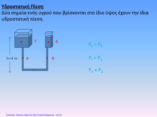 Υδροστατική Πίεση
Δύο σημεία ενός υγρού που βρίσκονται στο ίδιο ύψος έχουν την ίδια
υδροστατική πίεση.
h=4 m Α Β
Γ Δ
PA = PB
PΓ = PΔ
PΑ ≠ PΔ
Επιμέλεια: Χρήστος Χαρμπής http://e-taksh.blogspot.gr σελ.54
 