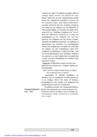 328 
"ωκεανό του αέρα". Οι μαθητές γνωρίζουν ήδη ότι 
υπάρχει  αέρας  παντού  και  μάλιστα  ότι  έχει 
βάρος. Καλό είναι να γίνει παραλληλισμός μεταξύ 
αυτού  που  πραγματικά  ονομάζεται  ωκεανός  και 
του «ωκεανού  αέρα». Στην πρώτη περίπτωση ο 
ωκεανός εκτείνεται από την ελεύθερη επιφάνεια 
του υγρού ως τον πυθμένα του που βρίσκεται σε 
πολύ μεγάλο βάθος. Ο "ωκεανός του αέρα" εκτεί­ 
νεται  από  την  "ελεύθερη  επιφάνεια  του"  που  σ' 
αυτή  την  περίπτωση  ταυτίζεται με το  τέλος  της 
ατμόσφαιρας  ως  τον  "πυθμένα  του"  που  ταυ­ 
τίζεται με την επιφάνεια της Γης. Αυτός ο παραλ­ 
ληλισμός θα βοηθήσει αργότερα  του μαθητές να 
ερμηνεύσουν  την  ελάττωση  της  ατμοσφαιρικής 
πίεσης όσο ανεβαίνουμε πιο ψηλά και αντίστοιχα 
την  αύξηση  της  όσο  πλησιάζουμε  κοντά  στην 
επιφάνεια της θάλασσας. Η αρχή είναι ίδια : όσο 
πιο κοντά βρισκόμαστε στην ελεύθερη επιφάνεια 
του ωκεανού ( με νερό ή αέρα) τόσο πιο μικρή είναι 
η πίεση ,ενώ όσο πλησιάζουμε τον πυθμένα τόσο 
μεγαλώνει η πίεση. 
Σημείωση: Ο δάσκαλος μπορεί να κάνει ανα­ 
φορά και στο ποίημα του Γ. Σεφέρη "Σχέδια για 
ένα καλοκαίρι". 
Κάτω από τον ουρανό είμαστε μεις τα ψάρια 
Και τα δέντρα είναι τα φύκια. 
Ακολούθως  οι  μαθητές  εκφράζουν  τις 
απόψεις τους σε προφορικό επίπεδο σχετικά  με 
το  αν  υπάρχει  πίεση  στον  αέρα.  Οι  απόψεις 
καταγράφονται  στον  πίνακα  ή  σε  διαφάνεια  και 
ομαδοποιούνται από τον εκπαιδευτικό. 
Οι μαθητές εκτελούν την πειραματική δραστη­ 
πειραματιζόμαστε  ριότητα που ακολουθεί και η οποία στοχεύει στην 
(σελ.   103)  απόκτηση απλών εμπειριών για την ύπαρξη της 
ατμοσφαιρικής  πίεσης.  Αναμένεται  να  παρατηρή­ 
σουν τα εξής:
Επιμέλεια: Χρήστος Χαρμπής http://e-taksh.blogspot.gr σελ.78
 