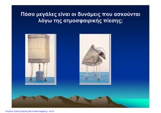 Πόσο μεγάλες είναι οι δυνάμεις που ασκούνταιΠόσο μεγάλες είναι οι δυνάμεις που ασκούνται
λόγω της ατμοσφαιρικής πίεσης;λόγω της ατμοσφαιρικής πίεσης;
Επιμέλεια: Χρήστος Χαρμπής http://e-taksh.blogspot.gr σελ.20
 