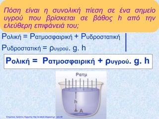 Πόση είναι η συνολική πίεση σε ένα σημείο
υγρού που βρίσκεται σε βάθος h από την
ελεύθερη επιφάνειά του;
Ρολική = Ρατμοσφαιρική + Ρυδροστατική
Ρυδροστατική = ρυγρού. g. h
Pολική = Pατμοσφαιρική + ρυγρού. g. h
Επιμέλεια: Χρήστος Χαρμπής http://e-taksh.blogspot.gr σελ.48
 