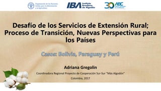 Desafío de los Servicios de Extensión Rural;
Proceso de Transición, Nuevas Perspectivas para
los Países
Adriana Gregolin
Coordinadora Regional Proyecto de Cooperación Sur-Sur “Más Algodón”
Colombia, 2017
 