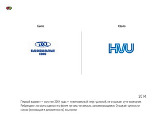 Было Стало
2014
Первый вариант — логотип 2004 года — тяжеловесный, неактуальный, не отражает сути компании.
Ребрендинг логотипа сделал его более легким, читаемым, запоминающимся. Отражает ценности
союза (инновации и динамичность) компании
 