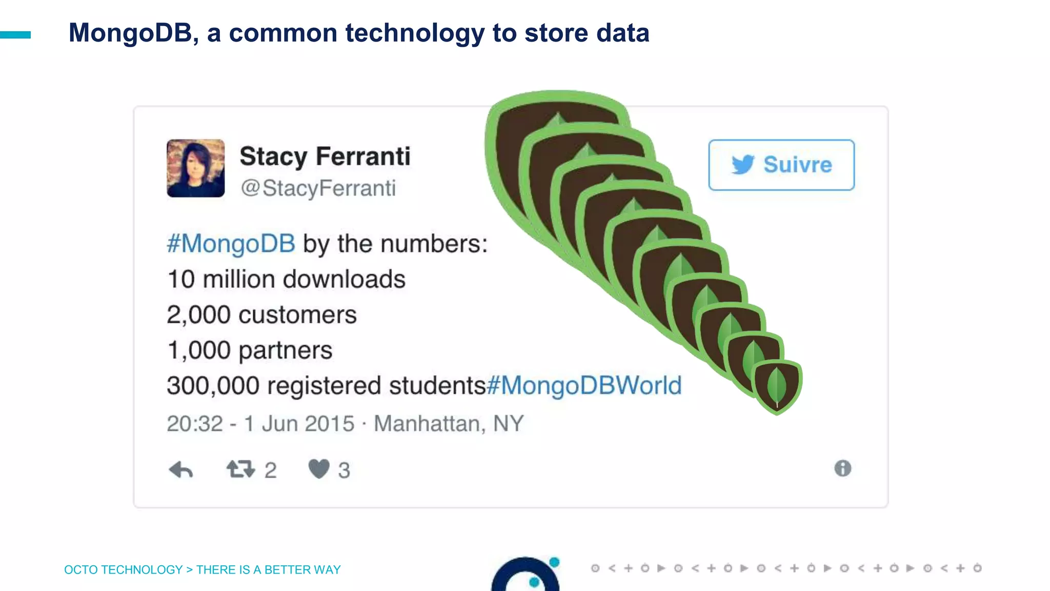 OCTO TECHNOLOGY > THERE IS A BETTER WAY
MongoDB, a common technology to store data
 