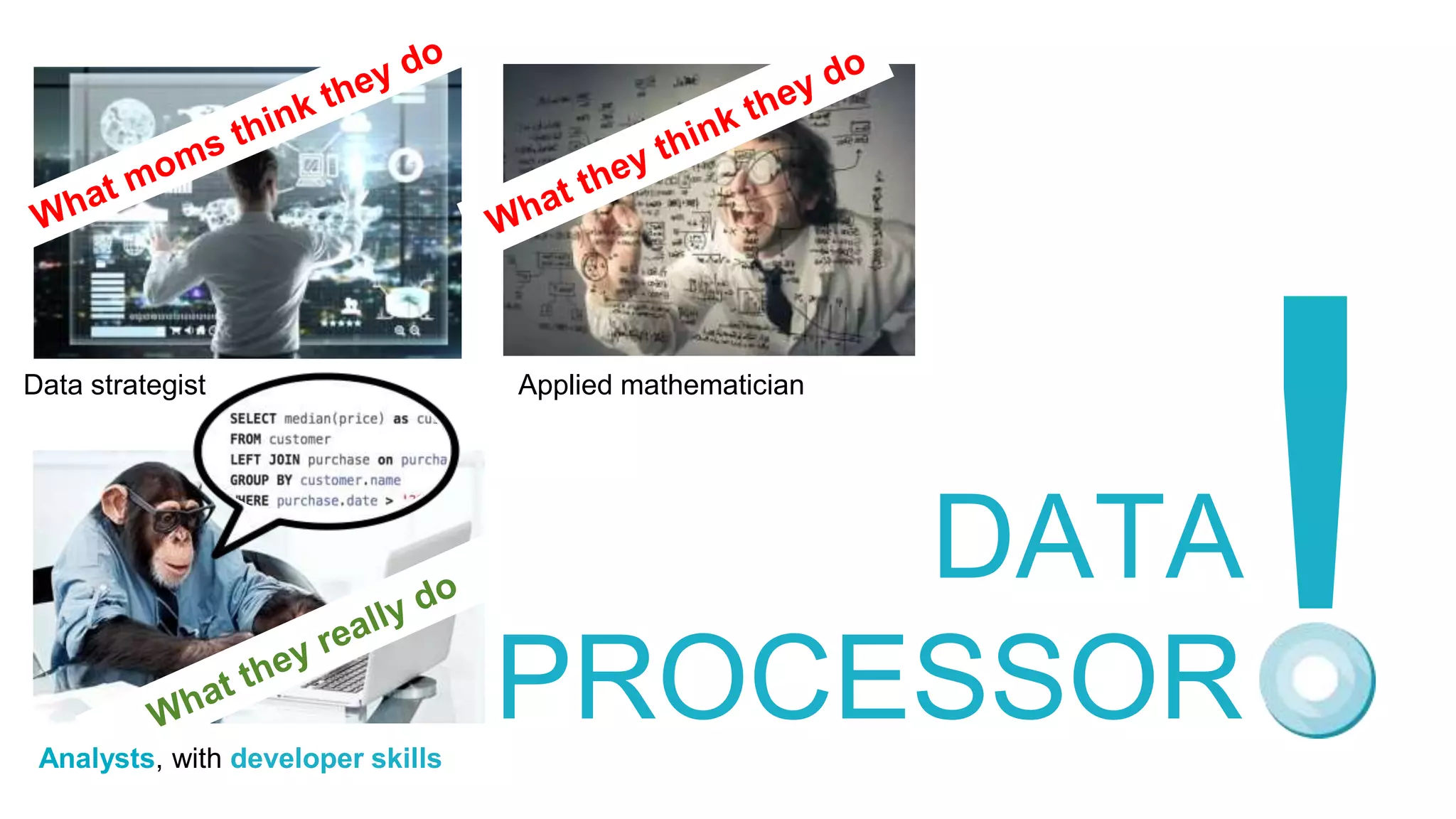 DATA
PROCESSOR
Data strategist Applied mathematician
Analysts, with developer skills
 