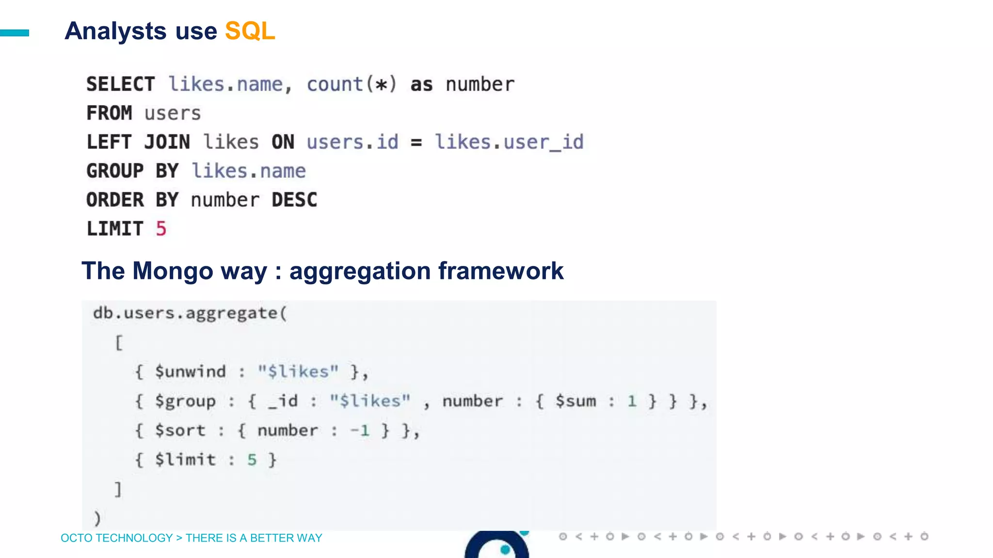OCTO TECHNOLOGY > THERE IS A BETTER WAY
Analysts use SQL
The Mongo way : aggregation framework
 
