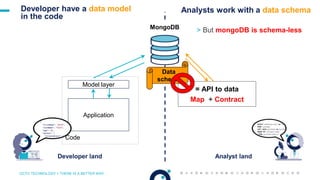 OCTO TECHNOLOGY > THERE IS A BETTER WAY
MongoDB
Code
Model layer
Application
= API to data
Map + Contract
Data
schema
Analyst landDeveloper land
> But mongoDB is schema-less
Analysts work with a data schemaDeveloper have a data model
in the code
 