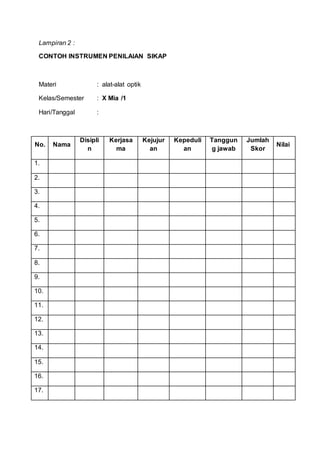 Lampiran 2 :
CONTOH INSTRUMEN PENILAIAN SIKAP
Materi : alat-alat optik
Kelas/Semester : X Mia /1
Hari/Tanggal :
No. Nama
Disipli
n
Kerjasa
ma
Kejujur
an
Kepeduli
an
Tanggun
g jawab
Jumlah
Skor
Nilai
1.
2.
3.
4.
5.
6.
7.
8.
9.
10.
11.
12.
13.
14.
15.
16.
17.
 