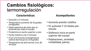 Cambios fisiológicos:
termorregulación
Características
• Duración 1-5 minutos
• Temperatura aumenta 10-15 grados
centígrados
• Onda repentina de calor que se
extiende por todo el cuerpo
• Predomina en parte superior y cara
• Punto máximo a los 3 minutos
• A los 5-9 minutos la temperatura
central disminuye 0.1-0.9 grados
• Temperatura de piel normal a los 30
minutos
Acompañantes
• Aumenta presión sistólica
• FC aumenta 7-15 latidos por
minuto
• Diaforesis inicia en parte
superior del cuerpo
• Palpitaciones, ansiedad,
irritabilidad, pánico.
 