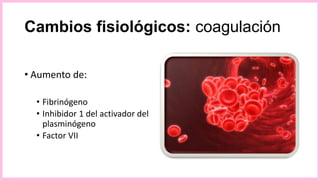 Cambios fisiológicos: coagulación
• Aumento de:
• Fibrinógeno
• Inhibidor 1 del activador del
plasminógeno
• Factor VII
 