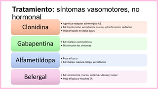 Tratamiento: síntomas vasomotores, no
hormonal
• Agonista receptor adrenérgico A2
• EA: hipotensión, xerostomía, mareo, estreñimiento, sedación
• Poco eficaces en dosis bajas
Clonidina
• EA: mareo y somnolencia
• Disminuyen los síntomasGabapentina
• Poca eficacia
• EA: mareo, náusea, fatiga, xerostomíaAlfametildopa
• EA: xerostomía, mareo, eritema cutáneo y sopor
• Poca eficacia y muchos EABelergal
 