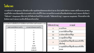 โชติมาตร
ความส่องสว่าง (Brightness) เป็นพลังงานที่ดาวฤกษ์ปลดปล่อยออกมาต่อหน่วยเวลา มีหน่วยเป็นวัตต์/ตารางเมตร แต่เนื่องจากดวงตาของ
มนุษย์ไม่มีความละเอียดพอที่จะจาแนกพลังงานในระดับนี้ได้ นักดาราศาสตร์จึงกาหนดค่าเปรียบเทียบอันดับความสว่างของดาวซึ่งเรียกว่า
"โชติมาตร" (Magnitude) เมื่อเรากล่าวถึงโขติมาตรโดยทั่วไปเราหมายถึง "โชติมาตรปรากฏ" (Apparent magnitude) ซึ่งหมายถึงการจัด
อันดับความสว่างของดาวบนท้องฟ้าซึ่งมองเห็นจากโลก
 