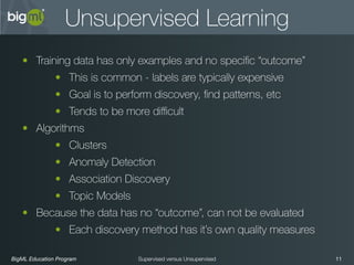 BigML Education Program 11Supervised versus Unsupervised
Unsupervised Learning
• Training data has only examples and no speciﬁc “outcome”
• This is common - labels are typically expensive
• Goal is to perform discovery, ﬁnd patterns, etc
• Tends to be more diﬃcult
• Algorithms
• Clusters
• Anomaly Detection
• Association Discovery
• Topic Models
• Because the data has no “outcome”, can not be evaluated
• Each discovery method has it’s own quality measures
 