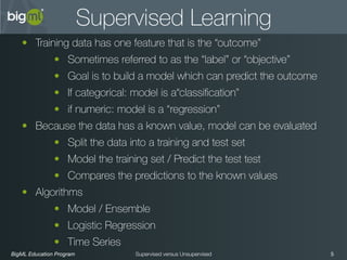 BigML Education Program 5Supervised versus Unsupervised
Supervised Learning
• Training data has one feature that is the “outcome”
• Sometimes referred to as the “label” or “objective”
• Goal is to build a model which can predict the outcome
• If categorical: model is a“classiﬁcation”
• if numeric: model is a “regression”
• Because the data has a known value, model can be evaluated
• Split the data into a training and test set
• Model the training set / Predict the test test
• Compares the predictions to the known values
• Algorithms
• Model / Ensemble
• Logistic Regression
• Time Series
 