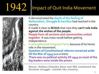 Impact of Quit India Movement
1. It demonstrated the depth of the feeling of
Nationalism, Struggle & Sacrifice had reached in the
country.
2. It made it clear to British that now they can’t rule India
against the wishes of the people.
3. People from all sections and communities united
together. It was mass revolt before getting
Independence.
4. It strengthened Congress Party because of its heroic
role in the movement.
5. Question of Constitutional reforms remained aside
till the War of 1945 (end ofWWII).
6. There was no political activity till 1945 as most of the
big leaders were inside the prison.
-------------------------------------------------------------------------
Hence, Subhas Chandra Bose and INA continued the
freedom struggle outside the country.
12
1942
 