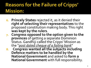 6. Princely States rejected it, as it denied their
right of selecting their representatives to the
proposed constitution making body.This right
was kept by the rulers.
7. Congress opposed to the option given to the
provinces of getting a separate Dominion
Status. Gandhiji called the Cripps’ Mission as
the “post dated cheque of a failing bank”
8. Congress wanted all the subjects including
Defence matters to be handled by the
National Government and asked to form a
National Government with full responsibility.
8
 