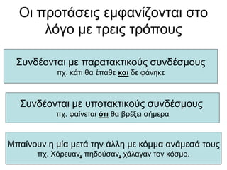 Οι προτάσεις εμφανίζονται στο
λόγο με τρεις τρόπους
Συνδέονται με παρατακτικούς συνδέσμους
πχ. κάτι θα έπαθε και δε φάνηκε
Συνδέονται με υποτακτικούς συνδέσμους
πχ. φαίνεται ότι θα βρέξει σήμερα
Μπαίνουν η μία μετά την άλλη με κόμμα ανάμεσά τους
πχ. Χόρευαν, πηδούσαν, χάλαγαν τον κόσμο.
 