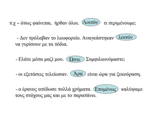 π.χ – όπως φαίνεται, ήρθαν όλοι. τι περιμένουμε;
- Δεν πρόλαβαν το λεωφορείο. Αναγκάστηκαν λοιπόν
να γυρίσουν με τα πόδια.
- Ελάτε μέσα μαζί μου. Συμφιλιωνόμαστε;
- οι εξετάσεις τελείωσαν. είναι ώρα για ξεκούραση.
- ο έρανος απέδωσε πολλά χρήματα. καλύψαμε
τους στόχους μας και με το παραπάνω.
Λοιπόν
λοιπόν
Ώστε
Άρα
Επομένως
 