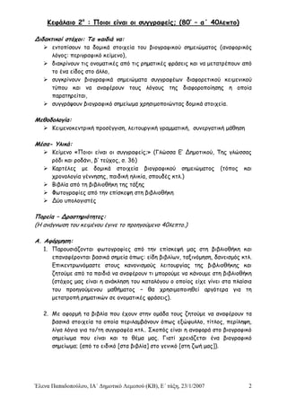 Έλενα Παπαδοπούλου, ΙΑ΄ Δημοτικό Λεμεσού (ΚΒ), Ε΄ τάξη, 23/1/2007 2
Κεφάλαιο 2ο
: Ποιοι είναι οι συγγραφείς; (80’ – α΄ 40λεπτο)
Διδακτικοί στόχοι: Τα παιδιά να:
 εντοπίσουν τα δομικά στοιχεία του βιογραφικού σημειώματος (αναφορικός
λόγος: περιγραφικό κείμενο),
 διακρίνουν τις ονοματικές από τις ρηματικές φράσεις και να μετατρέπουν από
το ένα είδος στο άλλο,
 συγκρίνουν βιογραφικά σημειώματα συγγραφέων διαφορετικού κειμενικού
τύπου και να αναφέρουν τους λόγους της διαφοροποίησης η οποία
παρατηρείται,
 συγγράψουν βιογραφικό σημείωμα χρησιμοποιώντας δομικά στοιχεία.
Μεθοδολογία:
 Κειμενοκεντρική προσέγγιση, λειτουργική γραμματική, συνεργατική μάθηση
Μέσα- Υλικά:
 Κείμενο «Ποιοι είναι οι συγγραφείς;» (Γλώσσα Ε’ Δημοτικού, Της γλώσσας
ρόδι και ροδάνι, β’ τεύχος, σ. 36)
 Καρτέλες με δομικά στοιχεία βιογραφικού σημειώματος (τόπος και
χρονολογία γέννησης, παιδική ηλικία, σπουδές κτλ.)
 Βιβλία από τη βιβλιοθήκη της τάξης
 Φωτογραφίες από την επίσκεψη στη βιβλιοθήκη
 Δύο υπολογιστές
Πορεία – Δραστηριότητες:
(Η ανάγνωση του κειμένου έγινε το προηγούμενο 40λεπτο.)
Α. Αφόρμηση:
1. Παρουσιάζονται φωτογραφίες από την επίσκεψή μας στη βιβλιοθήκη και
επαναφέρονται βασικά σημεία όπως: είδη βιβλίων, ταξινόμηση, δανεισμός κτλ.
Επικεντρωνόμαστε στους κανονισμούς λειτουργίας της βιβλιοθήκης και
ζητούμε από τα παιδιά να αναφέρουν τι μπορούμε να κάνουμε στη βιβλιοθήκη
(στόχος μας είναι η ανάκληση του καταλόγου ο οποίος είχε γίνει στα πλαίσια
του προηγούμενου μαθήματος – θα χρησιμοποιηθεί αργότερα για τη
μετατροπή ρηματικών σε ονοματικές φράσεις).
2. Με αφορμή τα βιβλία που έχουν στην ομάδα τους ζητούμε να αναφέρουν τα
βασικά στοιχεία τα οποία περιλαμβάνουν όπως εξώφυλλο, τίτλος, περίληψη,
λίγα λόγια για το/τη συγγραφέα κτλ.. Σκοπός είναι η αναφορά στο βιογραφικό
σημείωμα που είναι και το θέμα μας. Γιατί χρειάζεται ένα βιογραφικό
σημείωμα; (από το ειδικό [στα βιβλία] στο γενικό [στη ζωή μας]).
 