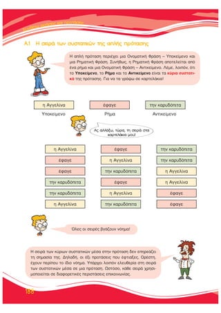 ™™˘˘ÓÓııÓıÓı¤¤ÙÙˆˆ ÊÊÊÚÚÚ¿¿ÛÛÂÂÈÈ˜˜˜ ÎÎ··Î·ÈÈ ÚÚÚÚÔÔÔÙÙÙ¿¿¿Ù¿Ù¿ÛÂÈ˜˜
188
∞.1 ∏ ÛÂÈÚ¿ ÙˆÓ Û˘ÛÙ·ÙÈÎÒÓ ÙË˜ ·Ï‹˜ ÚﬁÙ·ÛË˜
ÀÔÎÂ›ÌÂÓÔ ƒ‹Ì· ∞ÓÙÈÎÂ›ÌÂÓÔ
ÙËÓ Î·Ú˘‰ﬁÈÙ·¤Ê·ÁÂË ∞ÁÁÂÏ›Ó·
¤Ê·ÁÂÙËÓ Î·Ú˘‰ﬁÈÙ·Ë ∞ÁÁÂÏ›Ó·
¤Ê·ÁÂË ∞ÁÁÂÏ›Ó·ÙËÓ Î·Ú˘‰ﬁÈÙ·
Ë ∞ÁÁÂÏ›Ó·¤Ê·ÁÂÙËÓ Î·Ú˘‰ﬁÈÙ·
Ë ∞ÁÁÂÏ›Ó·ÙËÓ Î·Ú˘‰ﬁÈÙ·¤Ê·ÁÂ
ÙËÓ Î·Ú˘‰ﬁÈÙ·Ë ∞ÁÁÂÏ›Ó·¤Ê·ÁÂ
ÙËÓ Î·Ú˘‰ﬁÈÙ·¤Ê·ÁÂË ∞ÁÁÂÏ›Ó·
∏ ·Ï‹ ÚﬁÙ·ÛË ÂÚÈ¤¯ÂÈ ÌÈ· √ÓÔÌ·ÙÈÎ‹ ºÚ¿ÛË – ÀÔÎÂ›ÌÂÓÔ Î·È
ÌÈ· ƒËÌ·ÙÈÎ‹ ºÚ¿ÛË. ™˘Ó‹ıˆ˜, Ë ƒËÌ·ÙÈÎ‹ ºÚ¿ÛË ·ÔÙÂÏÂ›Ù·È ·ﬁ
¤Ó· Ú‹Ì· Î·È ÌÈ· √ÓÔÌ·ÙÈÎ‹ ºÚ¿ÛË – ∞ÓÙÈÎÂ›ÌÂÓÔ. §¤ÌÂ, ÏÔÈﬁÓ, ﬁÙÈ
ÙÔ ÀÔÎÂ›ÌÂÓÔ, ÙÔ ƒ‹Ì· Î·È ÙÔ ∞ÓÙÈÎÂ›ÌÂÓÔ Â›Ó·È Ù· Î‡ÚÈ· Û˘ÛÙ·ÙÈ-
Î¿ ÙË˜ ÚﬁÙ·ÛË˜. °È· Ó· Ù· ÁÚ¿„ˆ ÛÂ Î·ÚÙÂÏ¿ÎÈ·!
ŸÏÂ˜ ÔÈ ÛÂÈÚ¤˜ ‚Á¿˙Ô˘Ó ÓﬁËÌ·!
∏ ÛÂÈÚ¿ ÙˆÓ Î‡ÚÈˆÓ Û˘ÛÙ·ÙÈÎÒÓ Ì¤Û· ÛÙËÓ ÚﬁÙ·ÛË ‰ÂÓ ÂËÚÂ¿˙ÂÈ
ÙË ÛËÌ·Û›· ÙË˜. ¢ËÏ·‰‹, ÔÈ ¤ÍÈ ÚÔÙ¿ÛÂÈ˜ Ô˘ ¤ÊÙÈ·ÍÂ˜, √Ú¤ÛÙË,
¤¯Ô˘Ó ÂÚ›Ô˘ ÙÔ ›‰ÈÔ ÓﬁËÌ·. À¿Ú¯ÂÈ ÏÔÈﬁÓ ÂÏÂ˘ıÂÚ›· ÛÙË ÛÂÈÚ¿
ÙˆÓ Û˘ÛÙ·ÙÈÎÒÓ Ì¤Û· ÛÂ ÌÈ· ÚﬁÙ·ÛË. øÛÙﬁÛÔ, Î¿ıÂ ÛÂÈÚ¿ ¯ÚËÛÈ-
ÌÔÔÈÂ›Ù·È ÛÂ ‰È·ÊÔÚÂÙÈÎ¤˜ ÂÚÈÛÙ¿ÛÂÈ˜ ÂÈÎÔÈÓˆÓ›·˜.
∞˜ ·ÏÏ¿Íˆ, ÙÒÚ·, ÙË ÛÂÈÚ¿ ÛÙ·
Î·ÚÙÂÏ¿ÎÈ· ÌÔ˘!
 