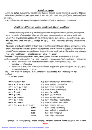 zeleni
Ασύνδετο σχήμα
Ασύνδετο σχήμα έχουμε όταν παραθέτουμε όμοιους όρους ή όμοιες προτάσεις, χωρίς να βάζουμε
ανάμεσα τους συνδέσμους (και, όμως, αλλά, ή, ούτε ούτε, είτε είτε), που χρειάζονται, αλλά χωρίζονται
με κόμμα.
π.χ.: Η διαφήμιση ενός γνωστού απορρυπαντικού λέει: Ψεκάστε, σκουπίστε, τελειώσατε.
Σύνθετες λέξεις με πρώτο συνθετικό λόγιες προθέσεις
Υπάρχουν κάποιες προθέσεις που προέρχονται από την αρχαία ελληνική γλώσσα, και λέγονται
λόγιες, οι οποίες εξακολουθούν μέχρι και σήμερα να χρησιμοποιούνται ως πρώτα συνθετικά
λέξεων ή σε στερεότυπες εκφράσεις. Οι πιο συνηθισμένες από αυτές είναι οι ακόλουθες: δια, περί,
ανά, προ, υπό, υπέρ, επί (εφ-), εκ (εξ), εν (εμ-). Π.χ. αναβάτης, πρόλογος, υποσημείωση,
επίθεση
Προσοχή: Είναι δυνατό κατά τη σύνθεση τους οι προθέσεις να παθαίνουν κάποιες μετατροπές. Έτσι,
μπορεί να φεύγει το τελευταίο φωνήεν της πρόθεσης όταν η επόμενη λέξη αρχίζει από φωνήεν ή
να αλλάζουν τα σύμφωνα των προθέσεων όταν το δεύτερο συνθετικό αρχίζει επίσης από σύμφωνο.
Π.χ. από + ευθύνομαι —> απευθύνομαι εν + μένω —> : μένω
Προσοχή: Τα αχώριστα μόρια δια-, επι-, υπο- χάνουν το τελικό φωνήεν όταν το δεύτερο
συνθετικό αρχίζει από φωνήεν. Π.χ. υπό + αρχηγός —> υπαρχηγός / επί + ερώτηση —> επερώτηση
 Το εκ- γίνεται εξ- όταν το δεύτερο συνθετικό αρχίζει από φωνήεν. Π.χ. εκ +
ημερώνω —> εξημερώνω
 Το εν- και το συν-, όταν το δεύτερο συνθετικό αρχίζει από χειλικό σύμφωνο -π-, -β-, -φ- ή
-μ-, μετατρέπουν το -ν- σε -μ-.
Π.χ. εν + πείρα —» εμπειρία / συν + μαθητής —> συμμαθητής, συν + πεθερός —> συμ
πεθερός
 Το συν- γίνεται:
συν + φωνήεν = συν- π.χ. συν + υπεύθυνος = συνυπεύθυνος
συν + π, β, φ, ψ = συμ-
συν + κ, γ, χ, = συγ-
π.χ. συν + πολίτης = συμπολίτης
π.χ. συν + γένος = συγγενής
συν + τ, δ, θ = συν π.χ. συν + δεσμός = σύνδεσμος
συν + ζ = συζ- π.χ. συν + ζω = συζώ
συν + ξ = συξ- π.χ. συν + ξύλο = σύξυλο
συν + σκ = συσκ- π.χ. συν + σκέψη = σύσκεψη
συν + σπ = συσπ π.χ. συν + σπουδάζω = συσπουδάζω
συν + στ = συστ- π.χ. συν + στεγάζω = συστεγάζω
συν + ( ν, μ, λ, ρ, σ,) = συνν-
συλλ-
συμμ-
συρρ-
συσσ-
π.χ συν + νέφος = σύννεφο
συν + λόγος = σύλλογος
συν + μαθητής = συμμαθητής
συν + ρίζα = σύρριζα
συν + σώμα = σύσσωμος
Προσοχή: Οι λέξεις ομαλός, όνομα, όροφος, όλεθρος, ορυχείο, οδύνη αρχίζουν από ο- αλλά
Επιμέλεια επανάληψης: Χρήστος Χαρμπής http://e-taksh.blogspot.gr σελ.7
 