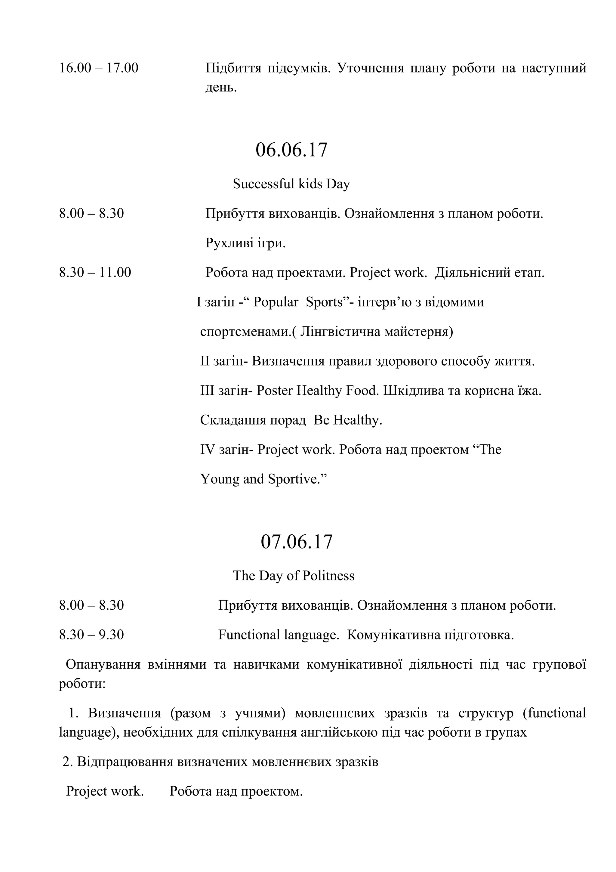 16.00 – 17.00 Підбиття підсумків. Уточнення плану роботи на наступний
день.
06.06.17
Successful kids Day
8.00 – 8.30 Прибуття вихованців. Ознайомлення з планом роботи.
Рухливі ігри.
8.30 – 11.00 Робота над проектами. Project work. Діяльнісний етап.
I загін -“ Popular Sports”- інтерв’ю з відомими
спортсменами.( Лінгвістична майстерня)
ІІ загін- Визначення правил здорового способу життя.
ІІІ загін- Poster Healthy Food. Шкідлива та корисна їжа.
Складання порад Be Healthy.
ІV загін- Project work. Робота над проектом “The
Young and Sportive.”
07.06.17
The Day of Politness
8.00 – 8.30 Прибуття вихованців. Ознайомлення з планом роботи.
8.30 – 9.30 Functional language. Комунікативна підготовка.
Опанування вміннями та навичками комунікативної діяльності під час групової
роботи:
1. Визначення (разом з учнями) мовленнєвих зразків та структур (functional
language), необхідних для спілкування англійською під час роботи в групах
2. Відпрацювання визначених мовленнєвих зразків
Project work. Робота над проектом.
 