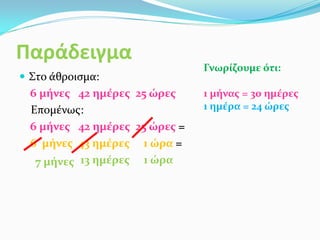 Παράδειγμα
 Στο άθροισμα:
6 μήνες 42 ημέρες 25 ώρες
Επομένως:
6 μήνες 42 ημέρες 25 ώρες =
6 μήνες 43 ημέρες 1 ώρα =
13 ημέρες 1 ώρα
Γνωρίζουμε ότι:
1 μήνας = 30 ημέρες
1 ημέρα = 24 ώρες
7 μήνες
 