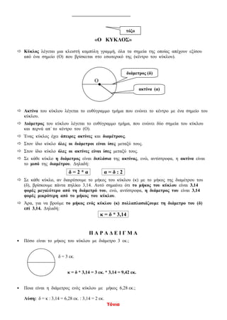 Τόνια
«Ο ΚΥΚΛΟΣ»
 Κύκλος λέγεται μια κλειστή καμπύλη γραμμή, όλα τα σημεία της οποίας απέχουν εξίσου
από ένα σημείο (Ο) που βρίσκεται στο εσωτερικό της (κέντρο του κύκλου).
Ο
 Ακτίνα του κύκλου λέγεται το ευθύγραμμο τμήμα που ενώνει το κέντρο με ένα σημείο του
κύκλου.
 Διάμετρος του κύκλου λέγεται το ευθύγραμμο τμήμα, που ενώνει δύο σημεία του κύκλου
και περνά απ΄ το κέντρο του (Ο).
 Ένας κύκλος έχει άπειρες ακτίνες και διαμέτρους.
 Στον ίδιο κύκλο όλες οι διάμετροι είναι ίσες μεταξύ τους.
 Στον ίδιο κύκλο όλες οι ακτίνες είναι ίσες μεταξύ τους.
 Σε κάθε κύκλο η διάμετρος είναι διπλάσια της ακτίνας, ενώ, αντίστροφα, η ακτίνα είναι
το μισό της διαμέτρου. Δηλαδή:
δ = 2 * α
 Σε κάθε κύκλο, αν διαιρέσουμε το μήκος του κύκλου (κ) με το μήκος της διαμέτρου του
(δ), βρίσκουμε πάντα πηλίκο 3,14. Αυτό σημαίνει ότι το μήκος του κύκλου είναι 3,14
φορές μεγαλύτερο από τη διάμετρό του, ενώ, αντίστροφα, η διάμετρος του είναι 3,14
φορές μικρότερη από το μήκος του κύκλου.
 Άρα, για να βρούμε το μήκος ενός κύκλου (κ) πολλαπλασιάζουμε τη διάμετρο του (δ)
επί 3,14. Δηλαδή:
κ = δ * 3,14
Π Α Ρ Α Δ Ε Ι Γ Μ Α
 Πόσο είναι το μήκος του κύκλου με διάμετρο 3 εκ.;
δ = 3 εκ.
κ = δ * 3,14 = 3 εκ. * 3,14 = 9,42 εκ.
 Ποια είναι η διάμετρος ενός κύκλου με μήκος 6,28 εκ.;
Λύση: δ = κ : 3,14 = 6,28 εκ. : 3,14 = 2 εκ.
α = δ : 2
τόξο
ακτίνα (α)
διάμετρος (δ)
 