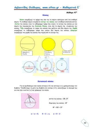 Αρβανιτίδης Θεόδωρος, www.atheo.gr - Μαθηματικά Ε΄
51
Μάθημα 47ο
Κύκλος
Κύκλο ονομάζουμε το σχήμα που όλα του τα σημεία ισαπέχουν από ένα σταθερό
σημείο. Το σταθερό σημείο ονομάζεται κέντρο του κύκλου και η σταθερή απόσταση ακτίνα.
Ακτίνα του κύκλου είναι το ευθύγραμμο τμήμα που ενώνει το κέντρο του κύκλου με ένα
σημείο της περιφέρειάς του. Κυκλικός δίσκος είναι όλα τα σημεία της επιφάνειας του
κύκλου. Τόξο ονομάζουμε το τμήμα του κύκλου που ορίζεται από δύο σημεία του. Χορδή
ονομάζουμε το ευθύγραμμο τμήμα που ενώνει δύο σημεία του κύκλου. Διάμετρο
ονομάζουμε την χορδή του κύκλου που περνά από το κέντρο του.
Κατασκευή κύκλου
Για να σχεδιάσουμε έναν κύκλο κέντρου ( Ο ) και ακτίνας ( α ), χρησιμοποιούμε τον
διαβήτη. Τοποθετούμε τη μύτη του διαβήτη στο κέντρο ( Ο ), κανονίζουμε το άνοιγμά του
να είναι όσο η ακτίνα ( α ) και γράφουμε τον κύκλο.
ακτίνα του κύκλου : ΟΒ, ΟΓ
διάμετρος του κύκλου : ΒΓ
ΒΓ = ΒΟ + ΟΓ
α + α = δ, δ = 2 ● α, α = δ : 2
 