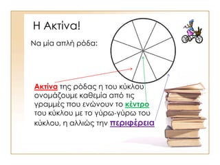 Η Ακτίνα!
Να μία απλή ρόδα:
Ακτίνα της ρόδας η του κύκλου
ονομάζουμε καθεμία από τις
γραμμές που ενώνουν το κέντρο
του κύκλου με το γύρω-γύρω του
κύκλου, η αλλιώς την περιφέρεια
 