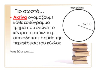 Πιο σωστά…
• Ακτίνα ονομάζουμε
κάθε ευθύγραμμο
τμήμα που ενώνει το
κέντρο του κύκλου με
οποιοδήποτε σημείο της
περιφέρειας του κύκλου
Και η διάμετρος;….
 