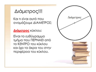 Διάμετρος!!!
Και τι είναι αυτό που
ονομάζουμε ΔΙΑΜΕΤΡΟΣ;
Διάμετρος κύκλου:
Είναι το ευθύγραμμο
τμήμα που ΠΕΡΝΑΕΙ από
το ΚΕΝΤΡΟ του κύκλου
και έχει τα άκρα του στην
περιφέρεια του κύκλου.
 