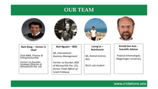 www.cricketone.asiawww.cricketone.asia
OUR TEAM
Nam Dang – Farmer in
Chief
Dual MBA, Finance &
Entrepreneurship
Former Co-founder,
Strategic Director of
MimosaTEK Pte. Ltd
Bich Nguyen – BDD
BA, International
Business Management
Former co-founder, BDD
of MimosaTEK Pte. LTD,
former Trade Officer of
Israeli Embassy
Luong Le –
Nutritionist
BA, Animal Science,
NLU
NLU’s Lab student
Arnold Van Huis -
Scientific Advisor
Tropical entomologist,
Wageningen University
 