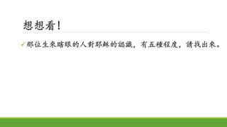 想想看!
那位生來瞎眼的人對耶穌的認識，有五種程度，請找出來。
 