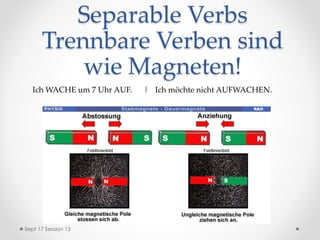 Separable Verbs
Trennbare Verben sind
wie Magneten!
Ich WACHE um 7 Uhr AUF. | Ich möchte nicht AUFWACHEN.
Sept 17 Session 13
 