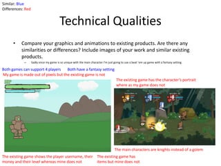 Technical Qualities
• Compare your graphics and animations to existing products. Are there any
similarities or differences? Include images of your work and similar existing
products.
– Sadly since my game is so unique with the main character I'm just going to use a beat ‘em up game with a fantasy setting.
Both have a fantasy setting
The existing game has the character’s portrait
where as my game does not
The main characters are knights instead of a golem
Both games can support 4 players
The existing game has
items but mine does not
The existing game shows the player username, their
money and their level whereas mine does not
My game is made out of pixels but the existing game is not
Similar: Blue
Differences: Red
 